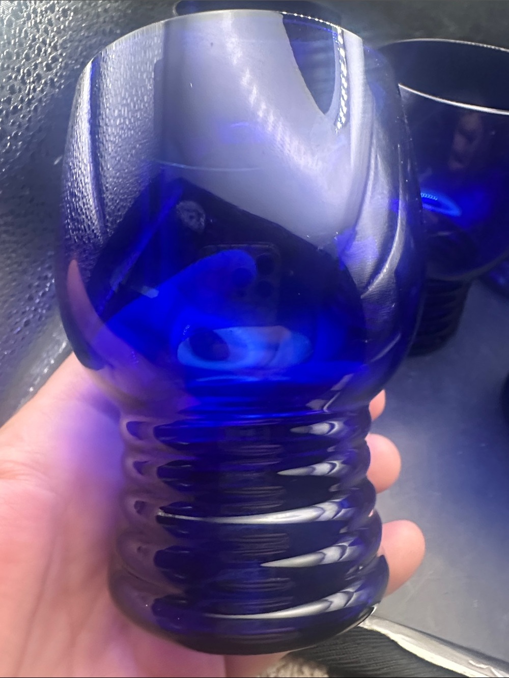RARE Vintage Imperial Cobalt Blue Glass Shaeffer Footed PLATINUM Trim 4” Juice